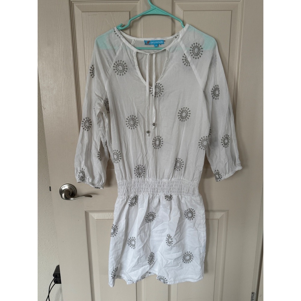 Tara Michelle White Cotton Embroidered Smocked Mini Dress Tunic Boho Summer M Q2